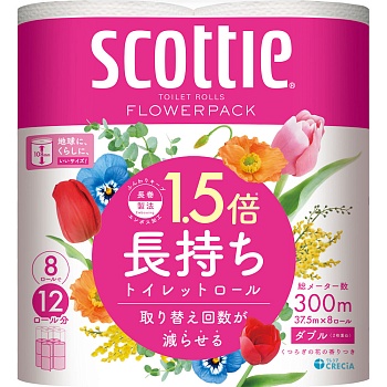NP Мягкая туалетная бумага Crecia "Scottie Flower PACK 1.5" плотной намотки, двухслойная 8 рулонов (37,5 м)