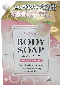 Nihon Detergent Крем-мыло для тела "Wins Body Soap Peach" с экстрактом листьев персика и богатым ароматом 900 г, мягк.упак. с крышк.