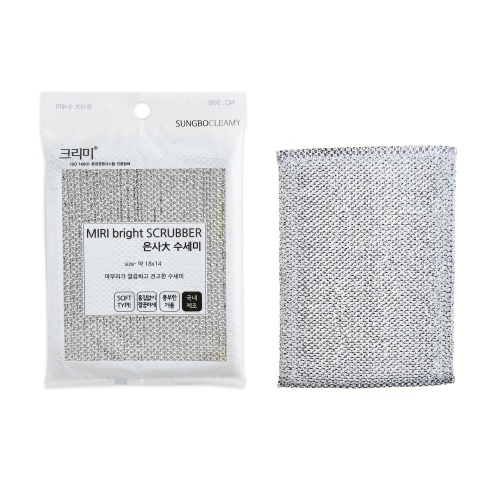 Sungbo Cleamy Губка "Bright Scrubber" для мытья посуды и кухонных поверхностей в серебристой плотной сетке (средней жёсткости) (18 х 14 х 0,9 см) х 1 шт