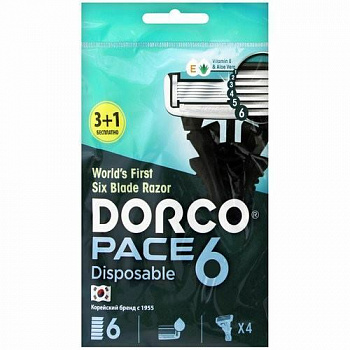 DORCO PACE 6 одноразовый станок 6 лезвий, с плавающей головкой и увлажняющей полосой 4 шт