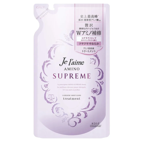Kose Бальзам "Je l'aime Amino Supreme" с двойным роскошным восстановлением глубокоповреждённых и вьющихся волос «Кашемировая мягкость и блеск» 350 мл, мягкая упаковка