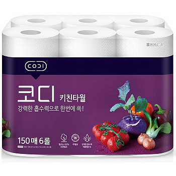 SsangYong КОМПАКТНЫЕ кухонные салфетки "Codi  Kitchen Towel"  (двухслойные, плотные, тиснёные) 150 листов * 6 рулонов