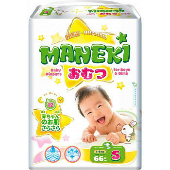 Maneki Подгузники детские одноразовые размер S 4-8 кг 66 шт