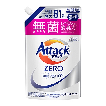 KAO Жидкое средство для стирки "Attack ZERO" (суперконцентрат, для любых типов стиральных машин) 810 г, сменная упаковка с крышкой